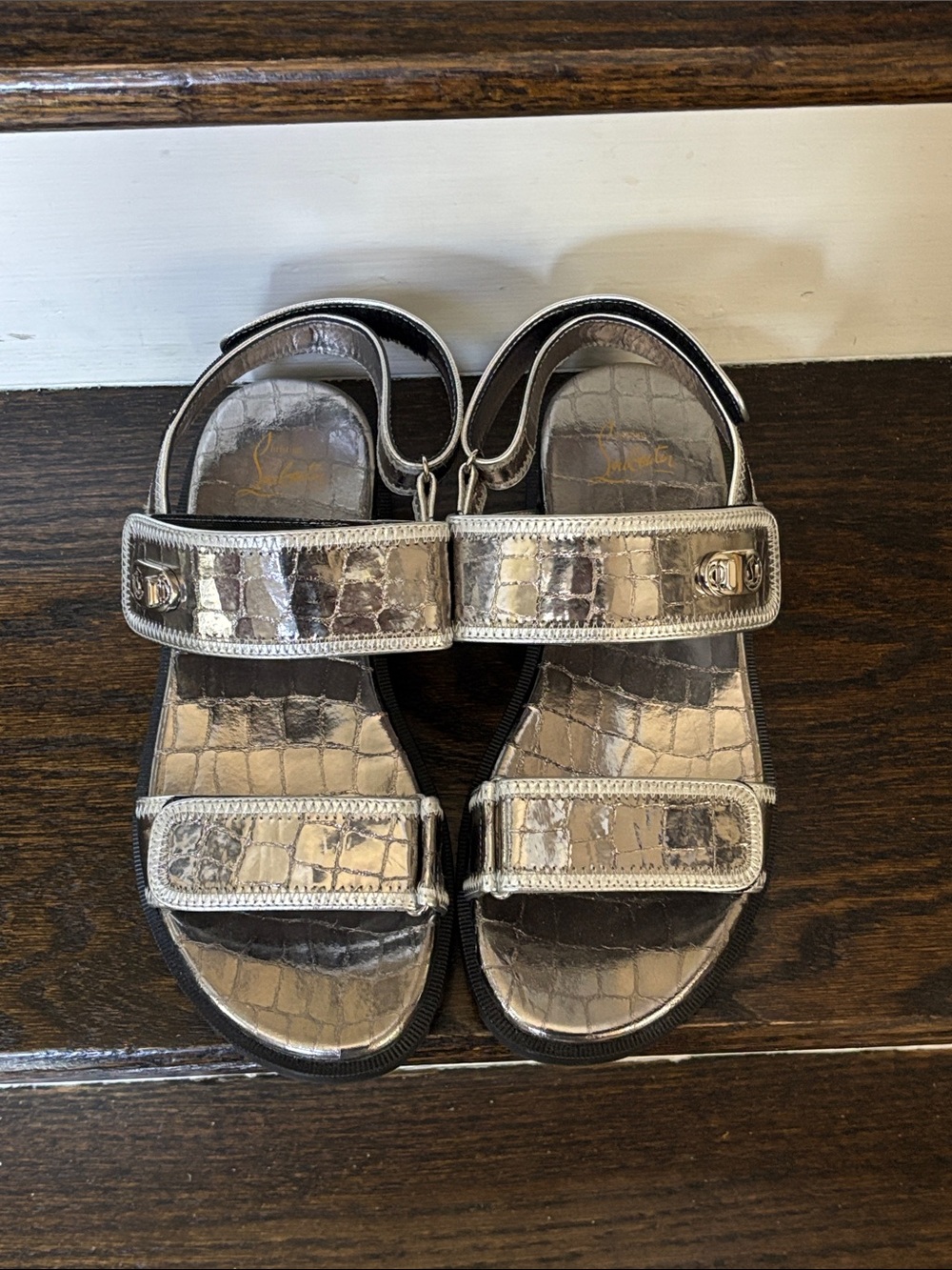 Christian Louboutin Metallic Silver Croc-Embossed Velcro Sandals